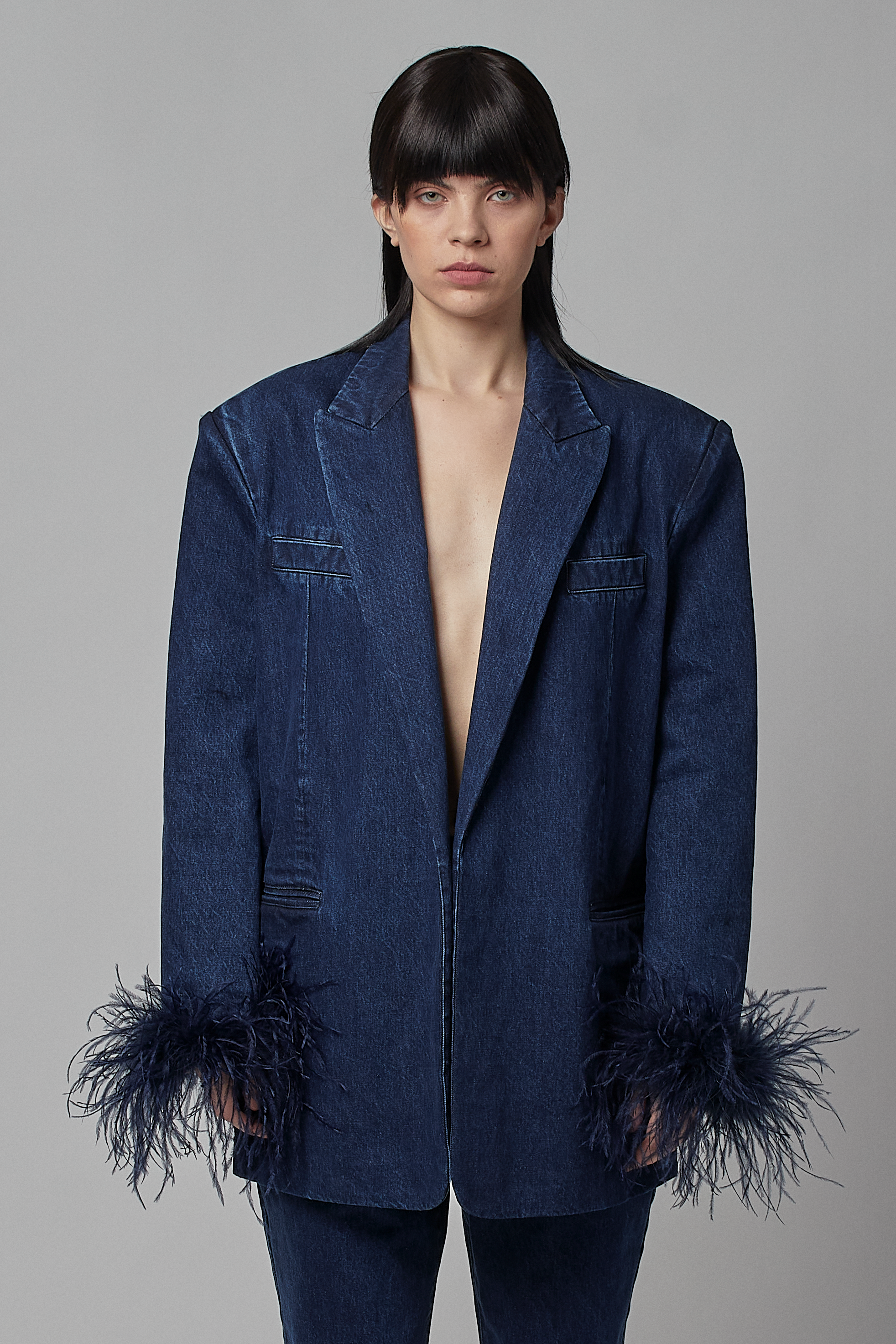 Feather Trim Denim Jacket