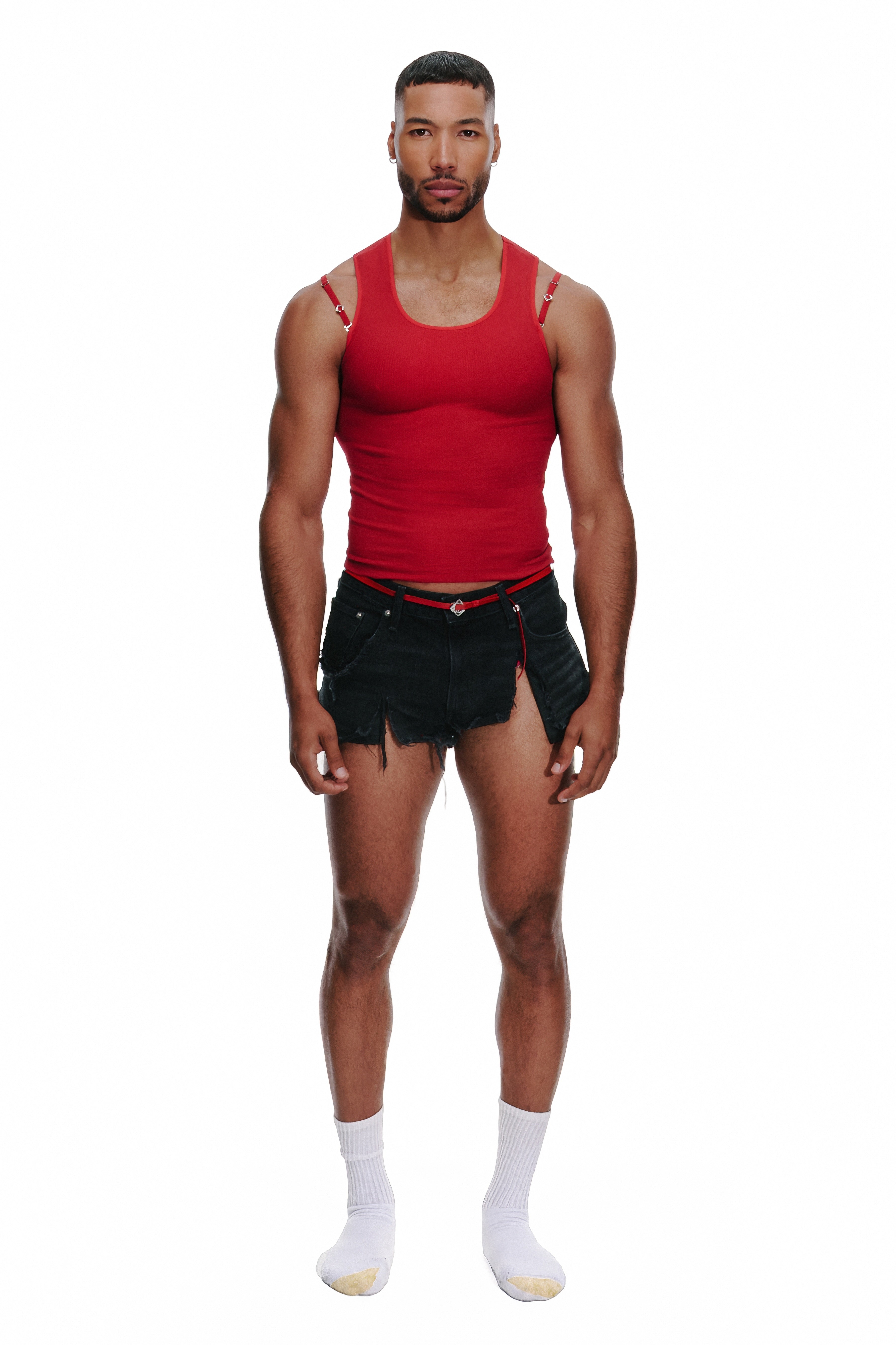 Bra Strap Ribbed Tank Top in Red