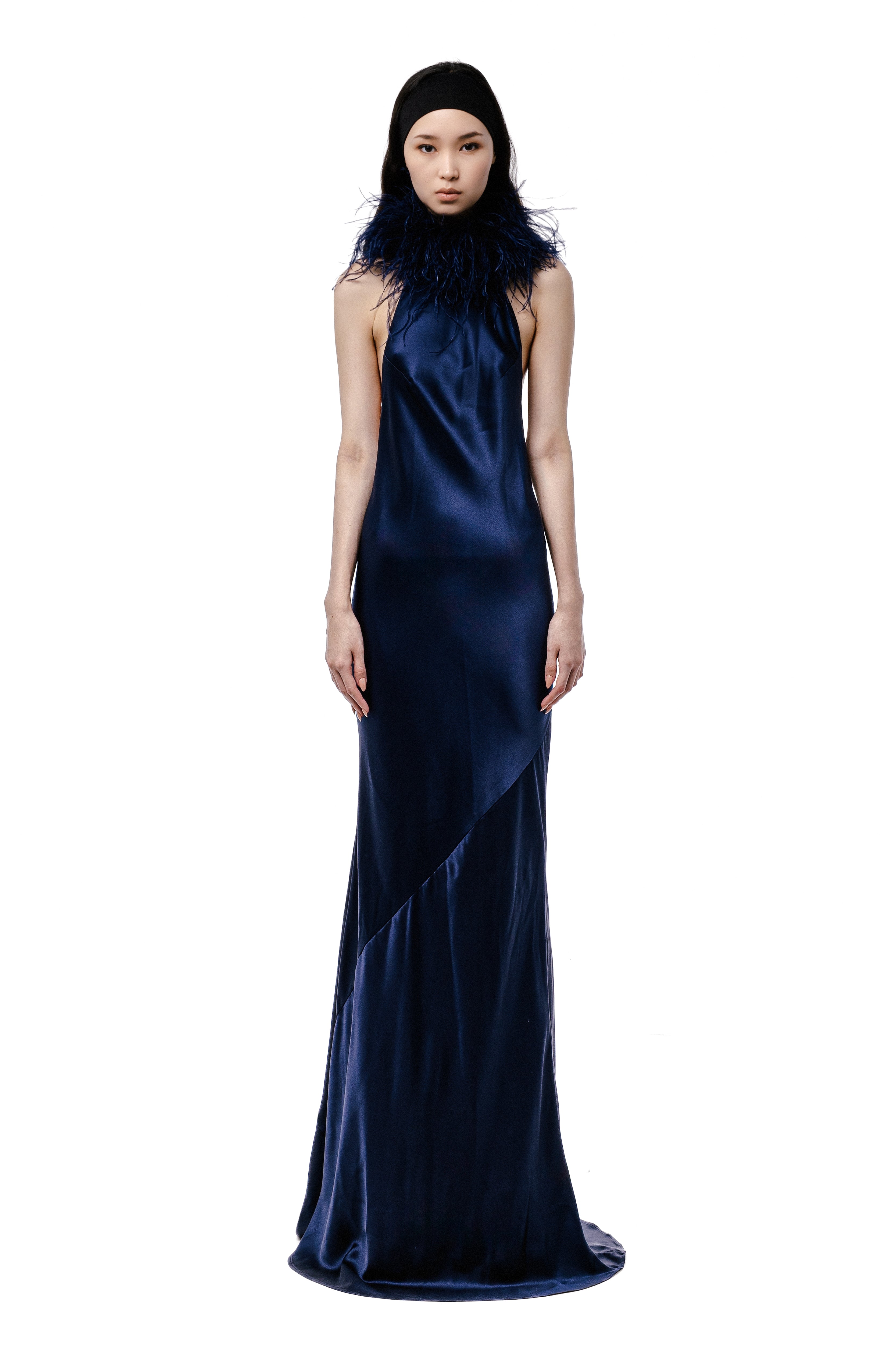 Feather Trim Halter Neck Gown