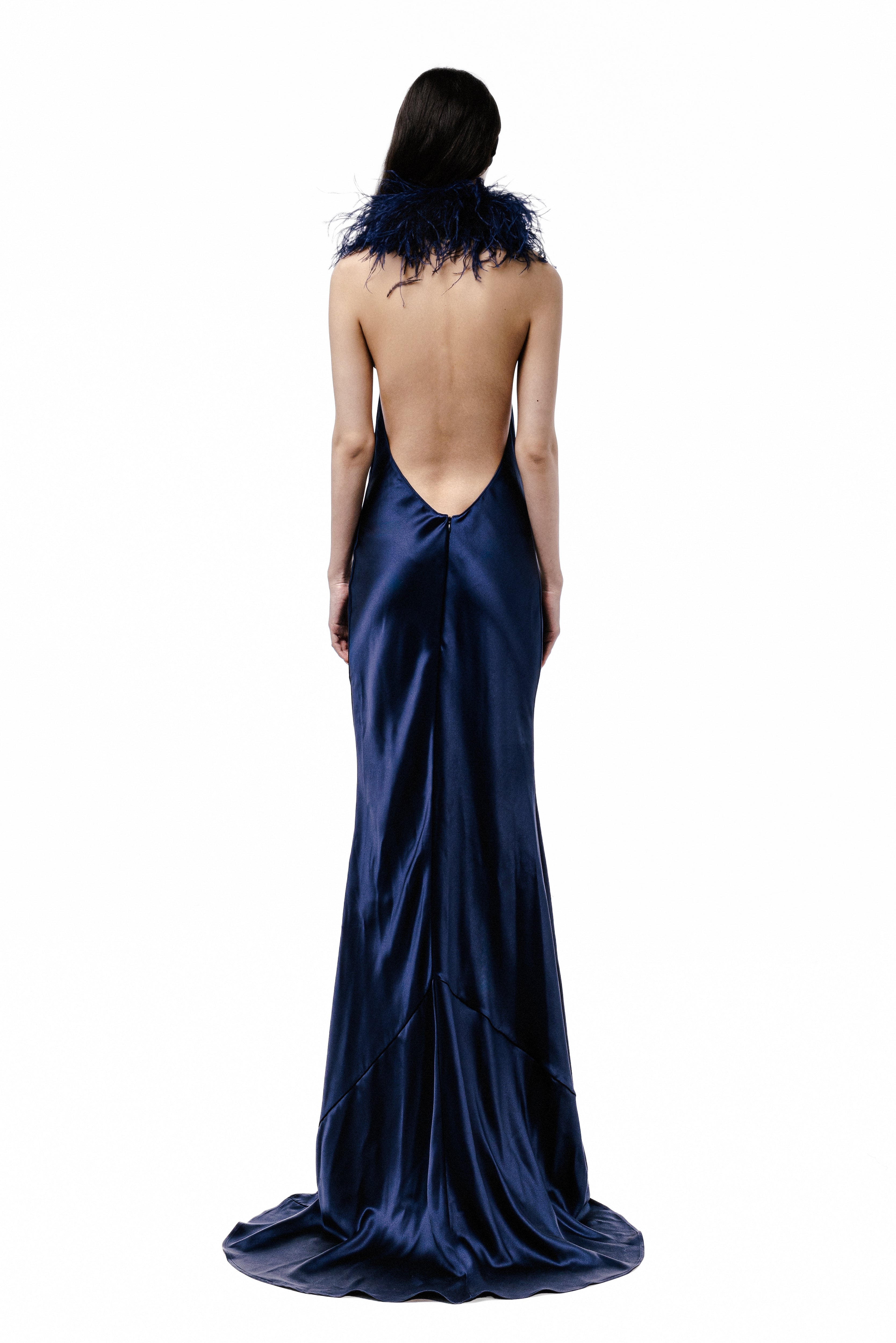 Feather Trim Halter Neck Gown