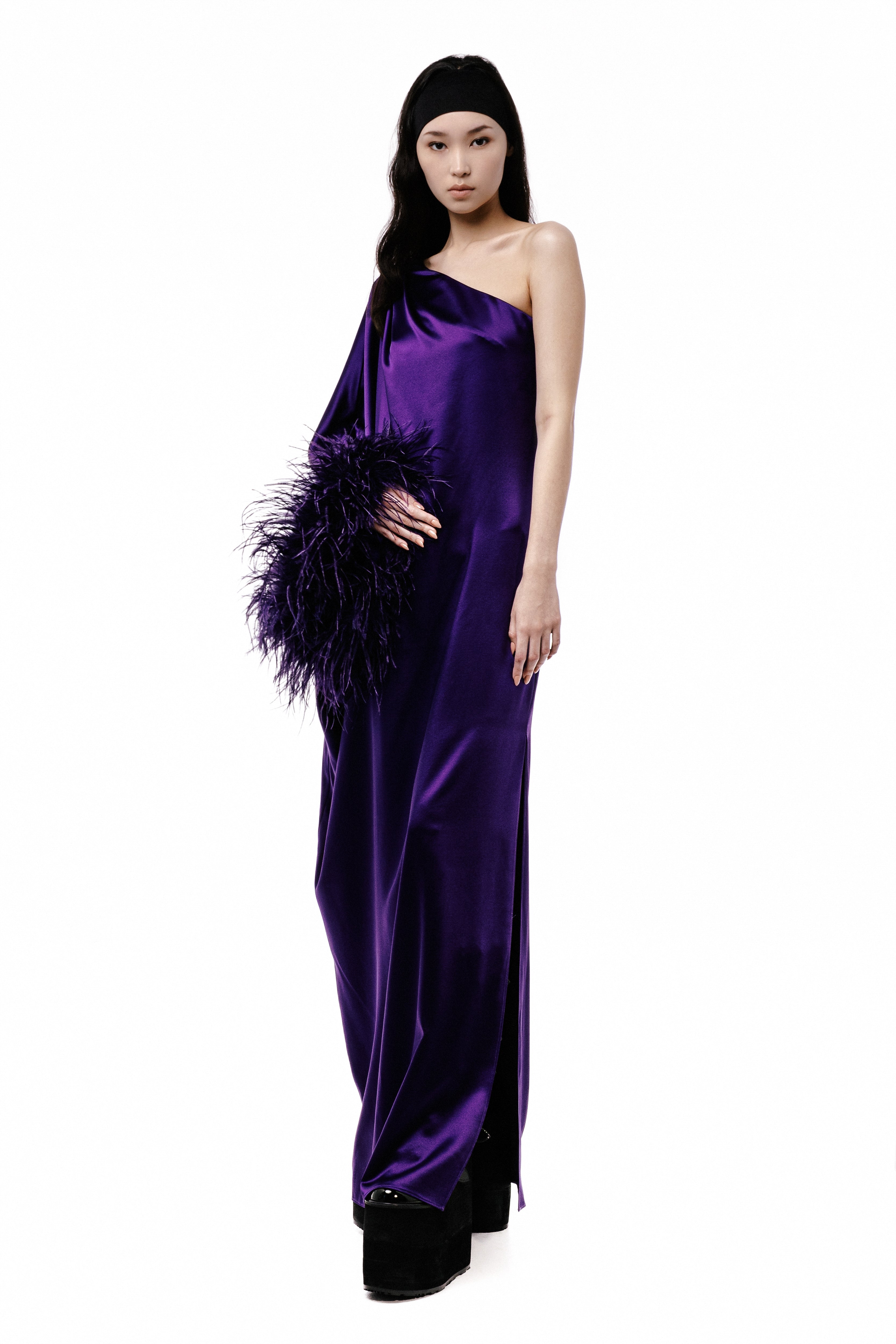 One Sleeve Feather Trim Gown