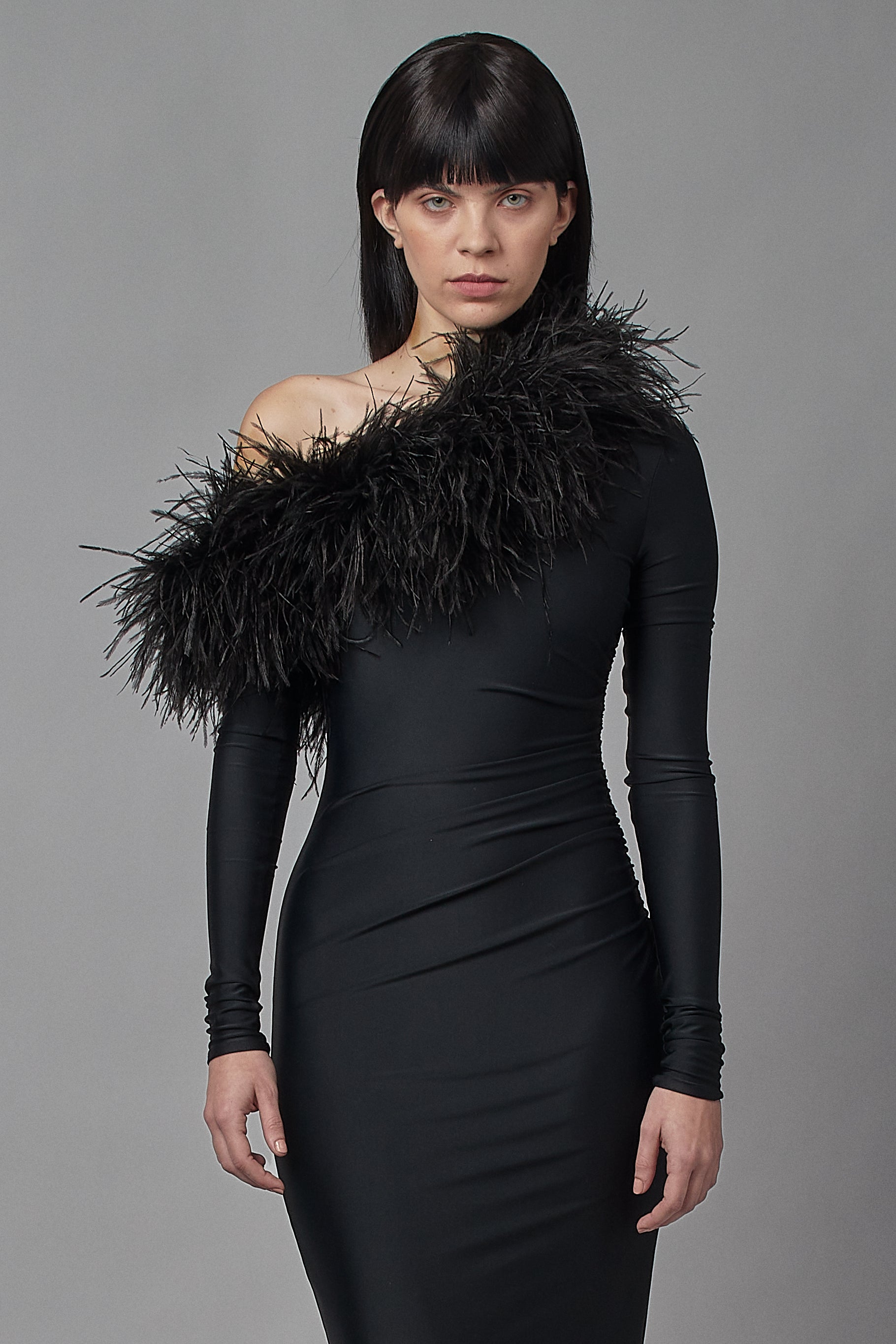 One Shoulder Feather Trim Gown