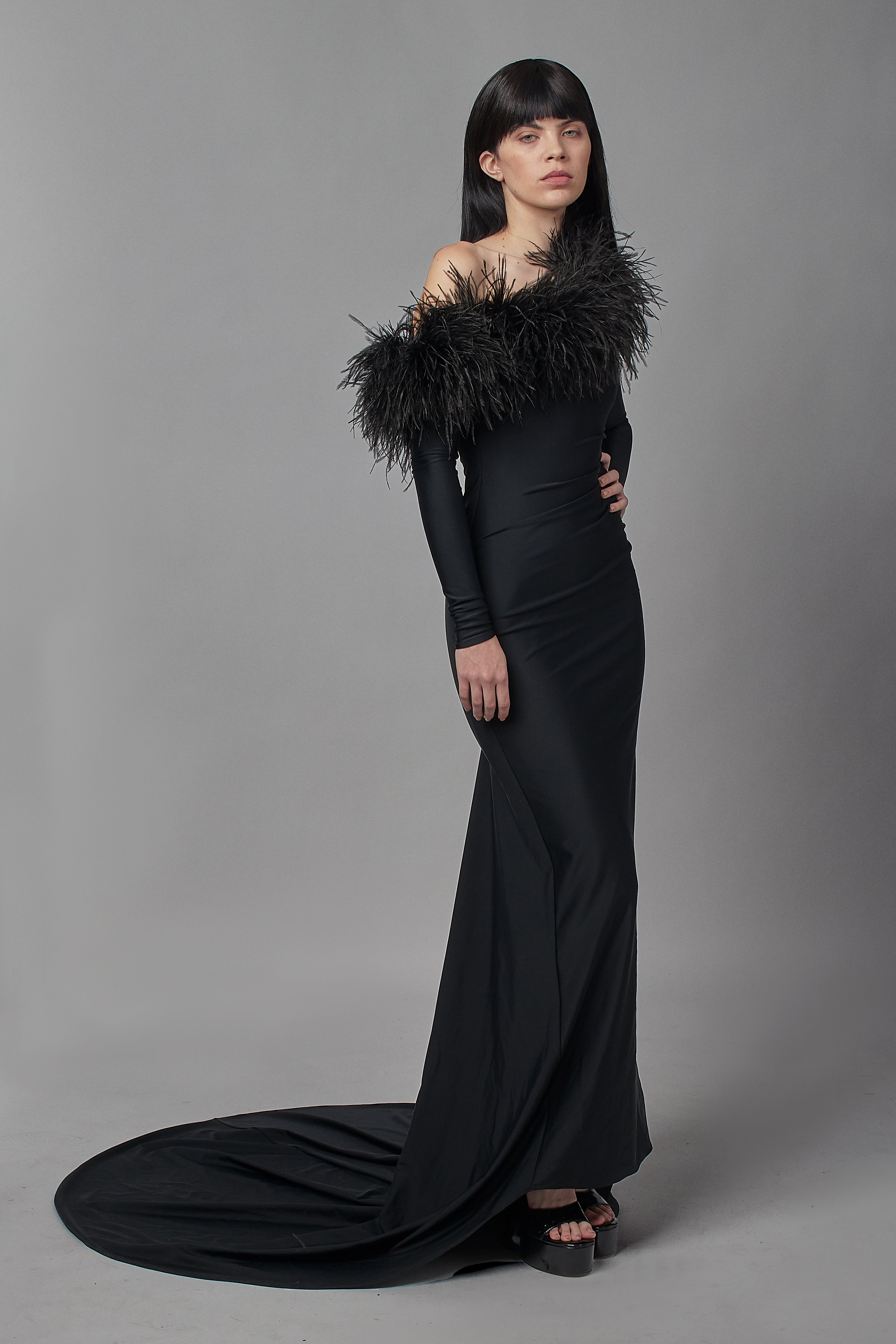One Shoulder Feather Trim Gown