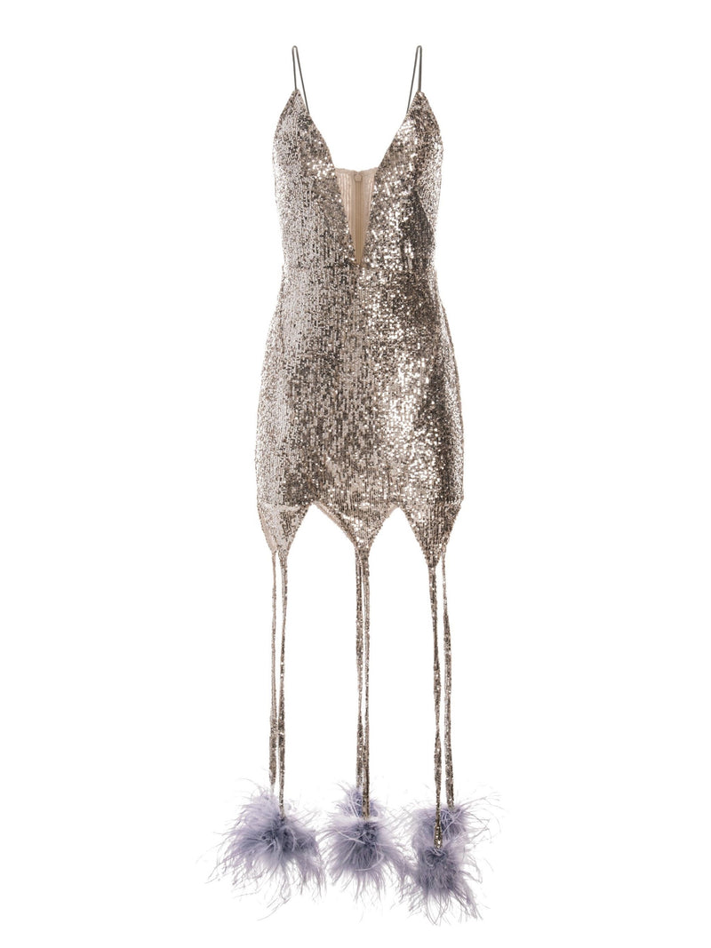 Feather Pom-Pom Mini Dress in Silver/Powder Blue