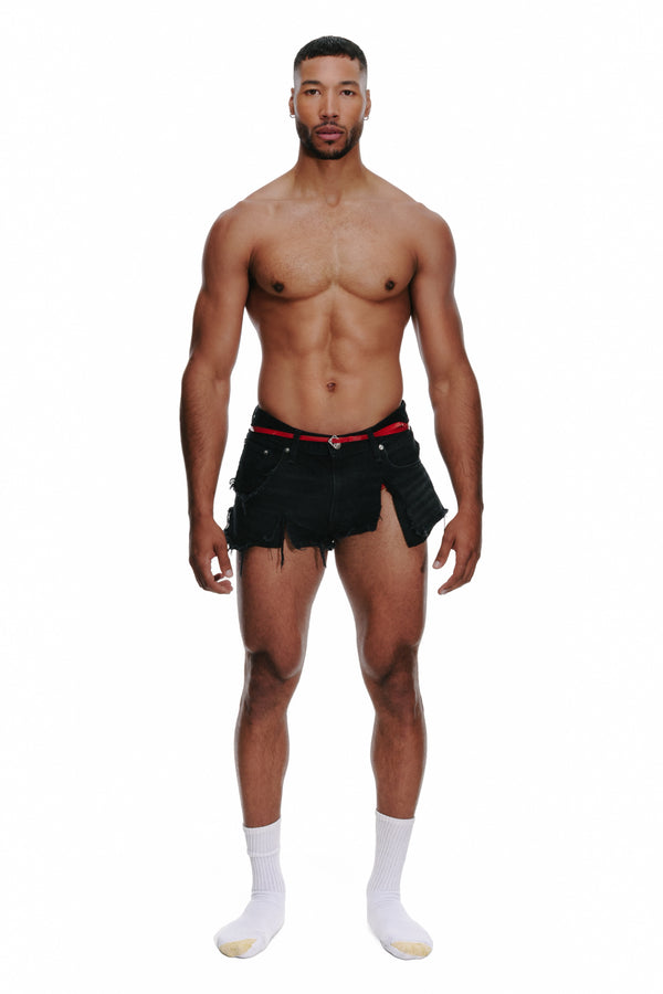 Lace Trim Mega Shredded Shorts in Faded Black/Red