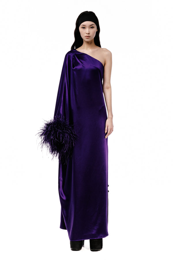 One Sleeve Feather Trim Gown