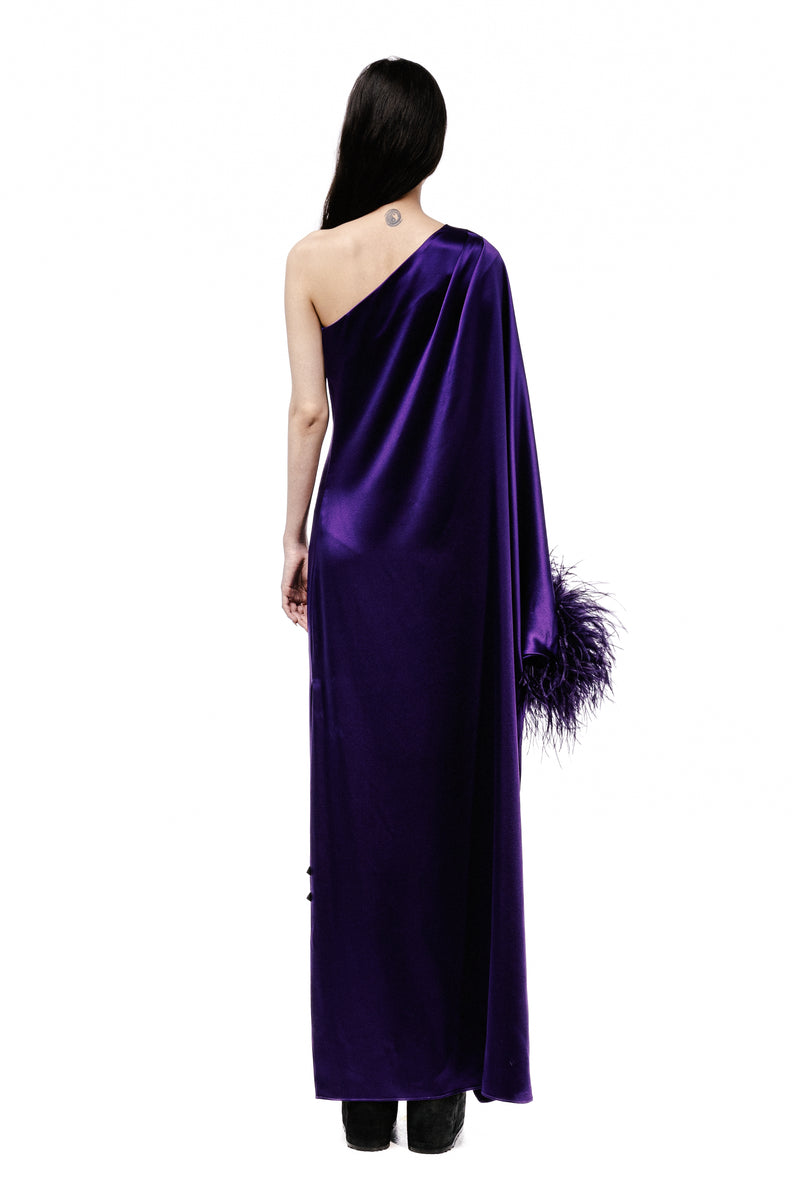 One Sleeve Feather Trim Gown