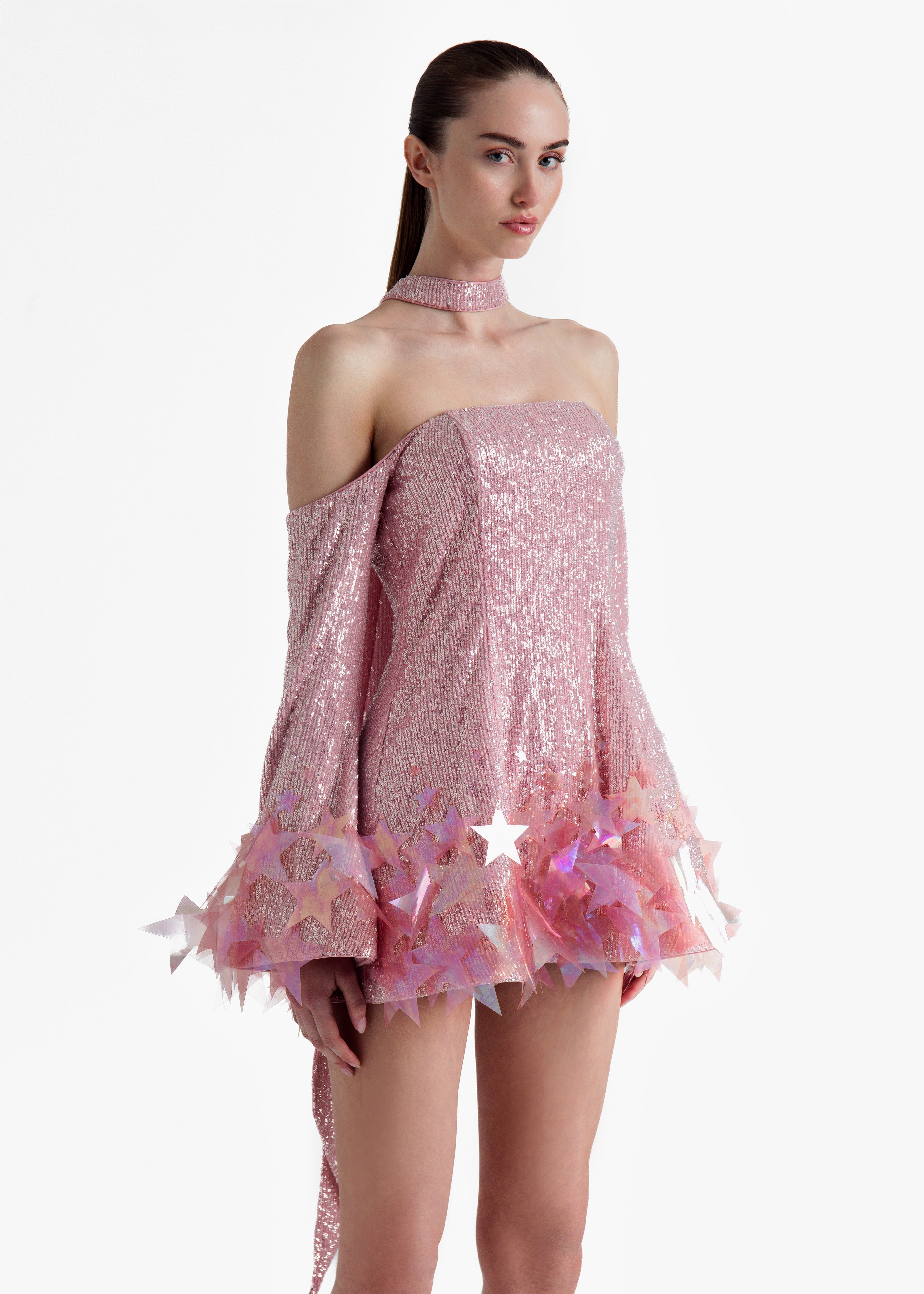 Star Dust Off-Shoulder Frill Sleeve Mini Dress Pink