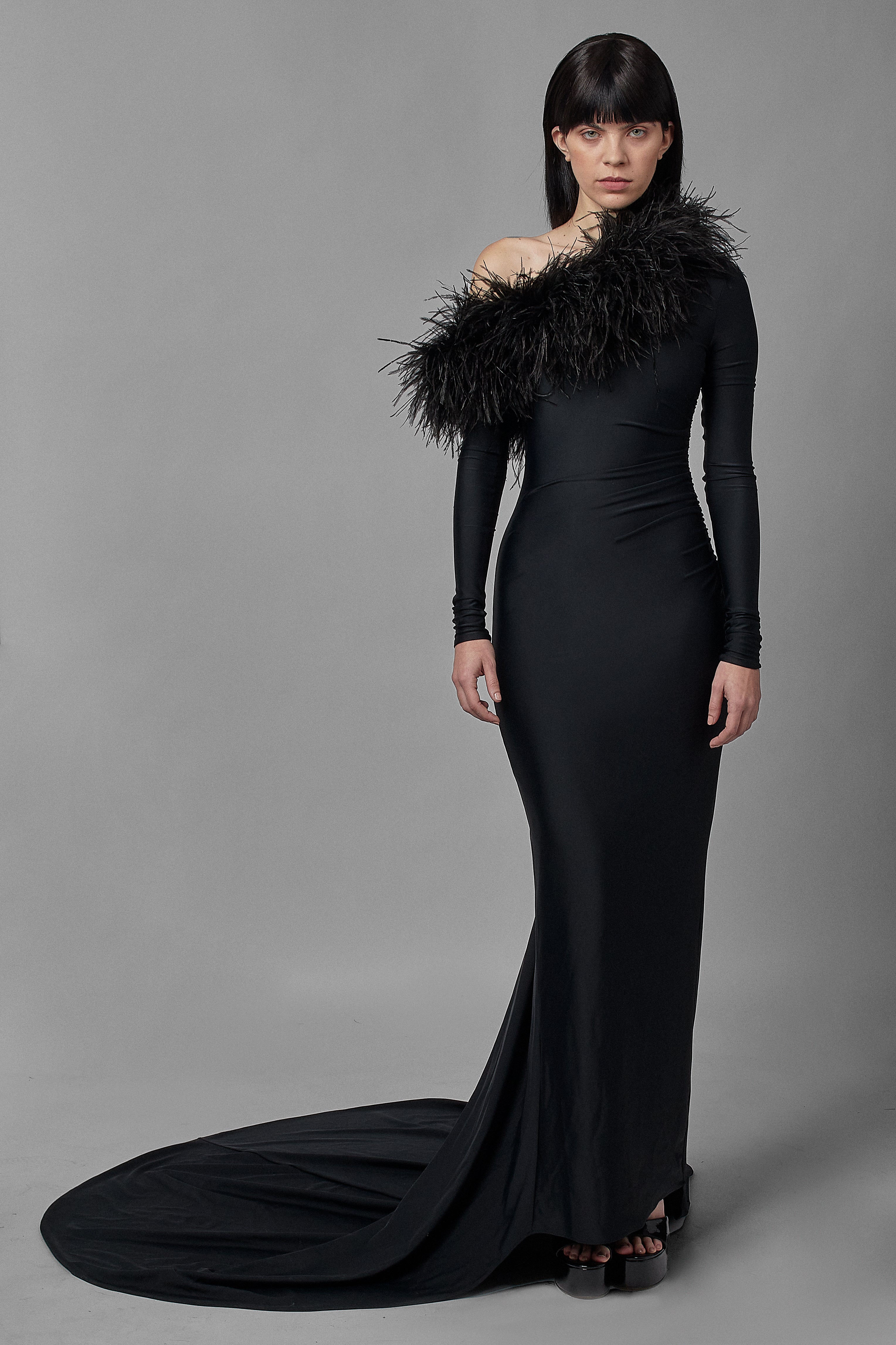 One Shoulder Feather Trim Gown