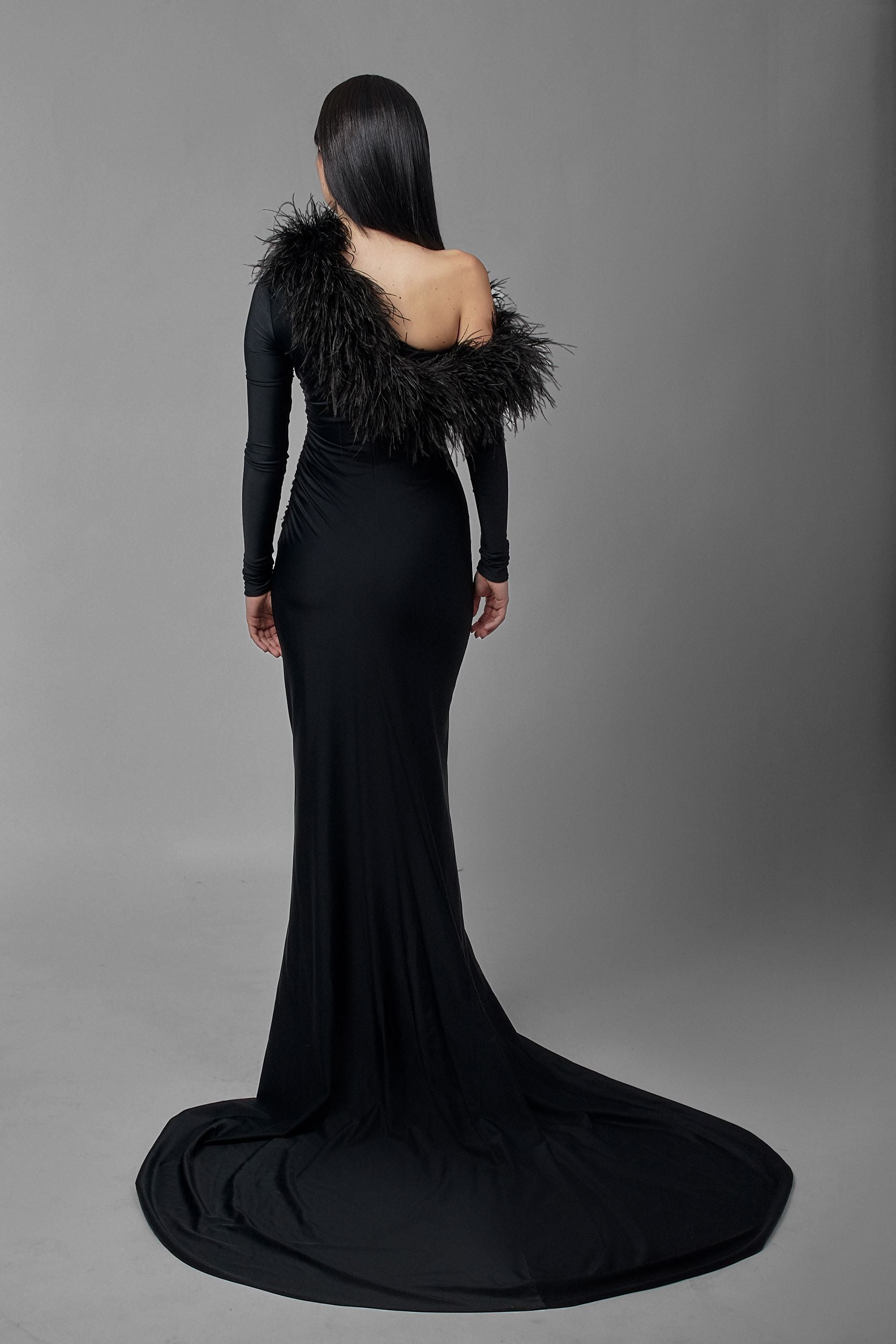 One Shoulder Feather Trim Gown