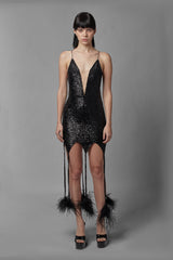 Sequin Mini Dress with Feather Tassles